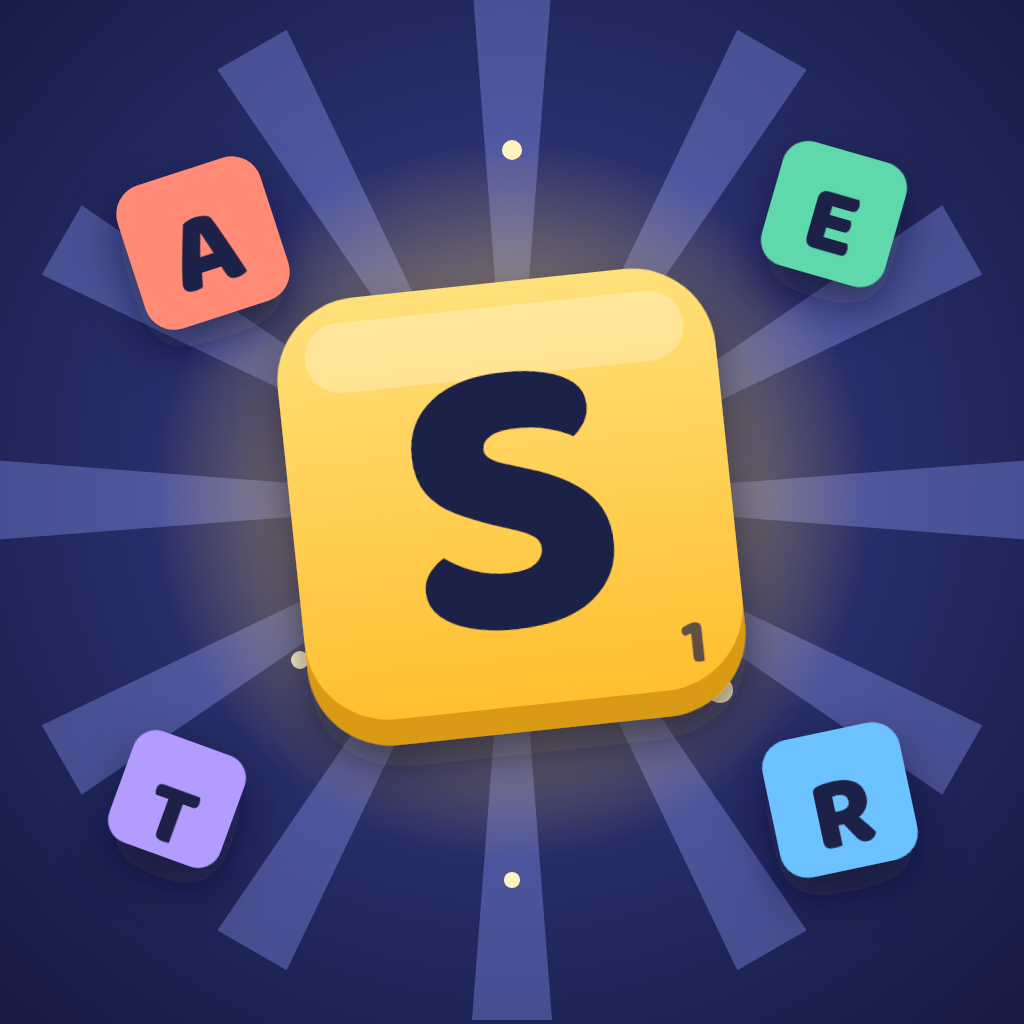 Spellburst app icon: a gold S letter tile bursting with colorful letter blocks